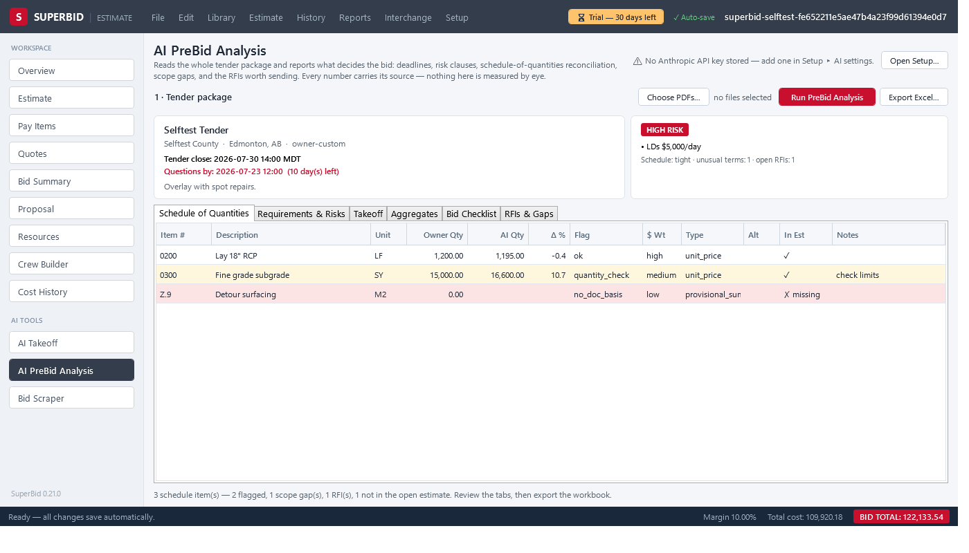 SuperBid AI PreBid screen: tender analysis summary cards with risk rating and schedule join
