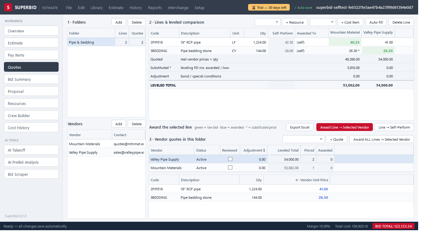SuperBid Quotes screen: vendor quote comparison grid with low-bid highlighting and awarded vendor
