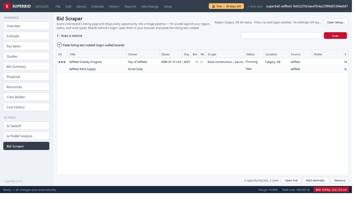 SuperBid Bid Scraper screen: scanned tender listings scored by fit with triage status column